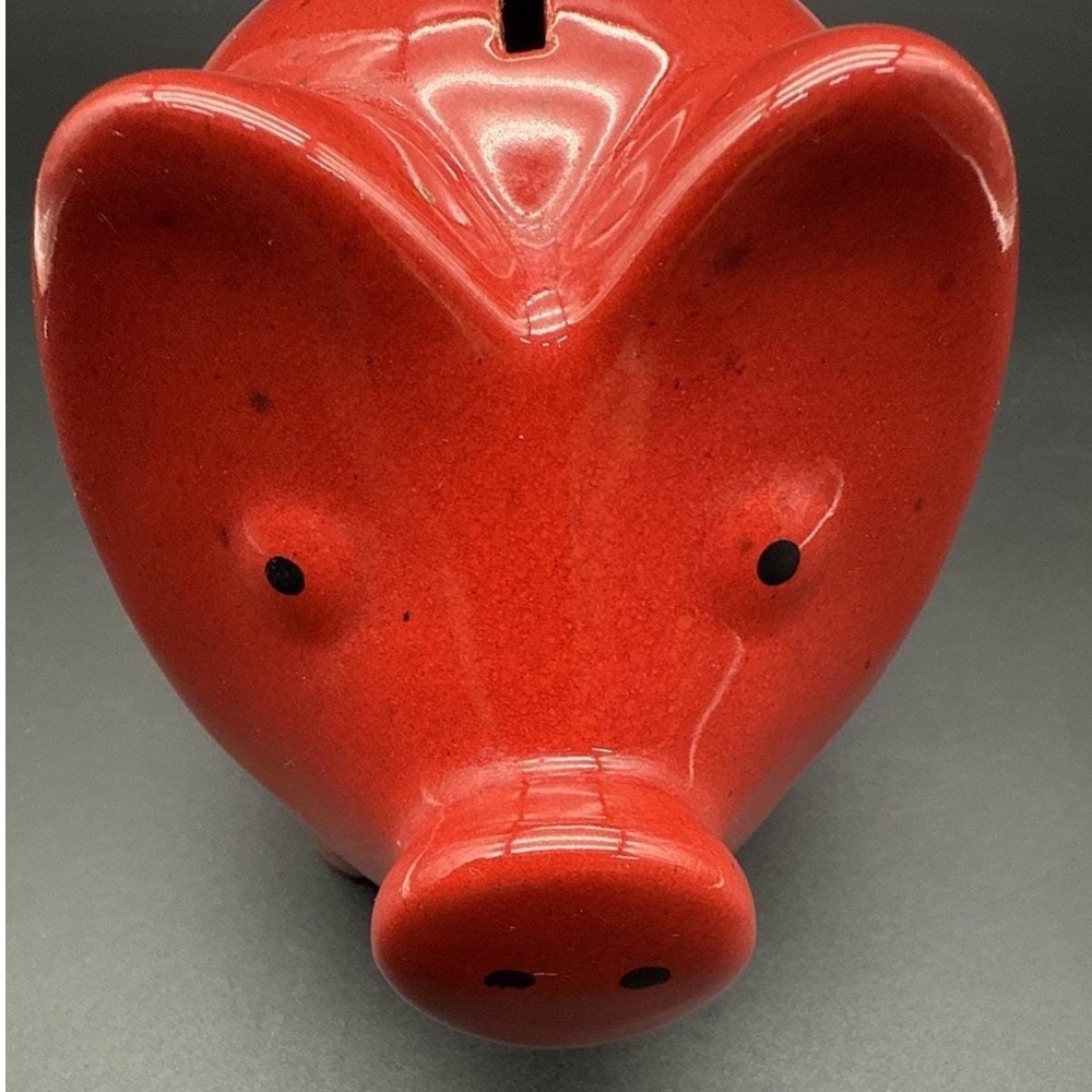 Vtg Stoneware/Ceramic Red Piggy Bank Glazed Pig Mushroom Floral 1979 Germany - Picture 8 of 10